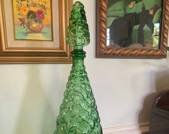 Large Italian Empoli Green Bubble Genie Bottle, Amber Genie Bottle, 1960s Genie Bottle, Mid Century Genie Bottle