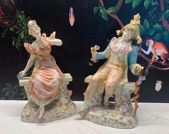 Muller Courting Couple Porcelain Figurines, German Porcelain Figurines, Dresden Figurines, Male and Female Courting Couples