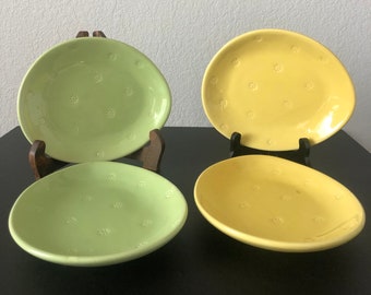 4 Crate and Barrel Egg Shaped Plates Two Yellow and Two Green Plates - Signed by Artist B. Eigen - Vintage Crate and Barrel Plates
