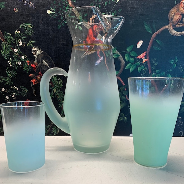 MCM Small Blendo Light Green Pitcher by West Virginia Glass Specialty, 9 1/2" Blendo Pitcher, MCM Cocktail Pitcher and 2 Glasses