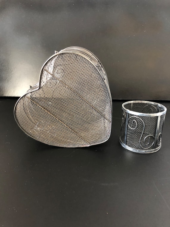 Vintage Heart Shaped Jewelry Box/Wire Cage and Tr… - image 8