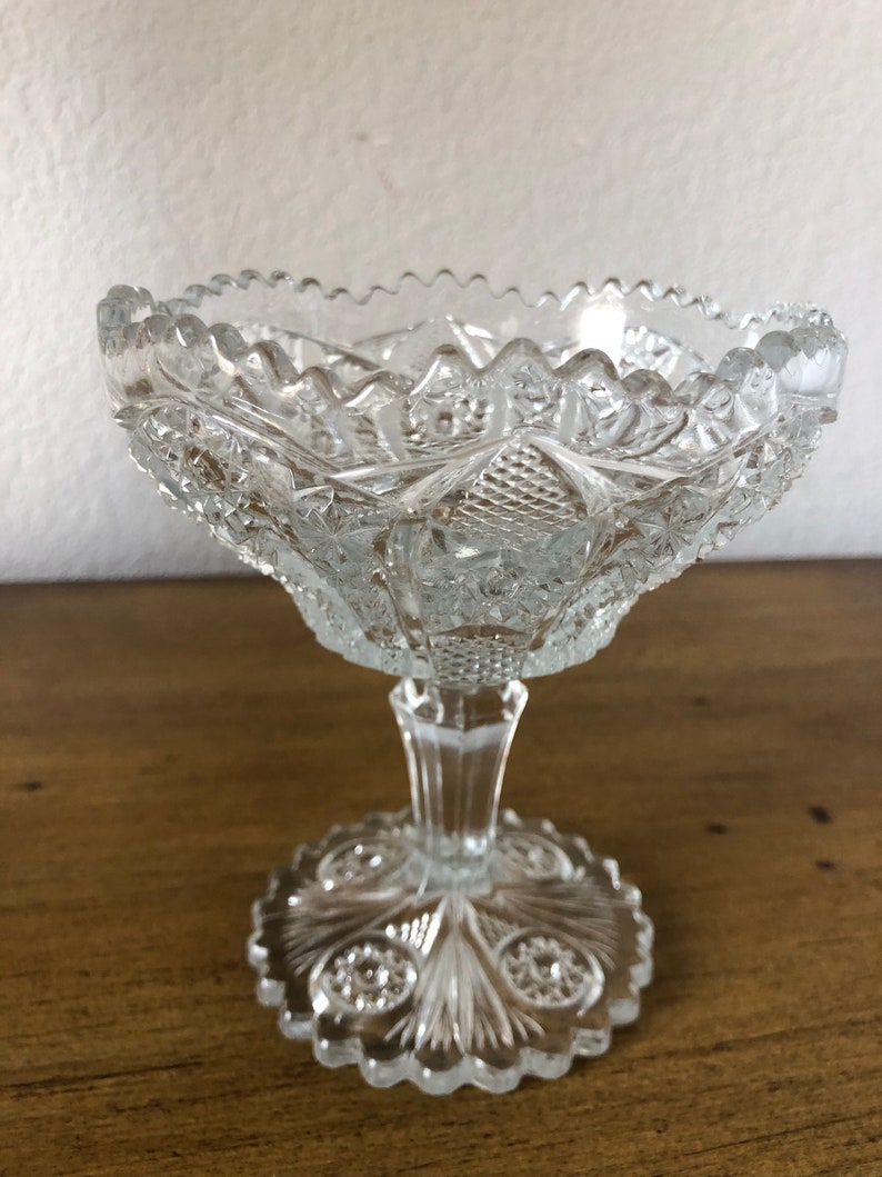 Antique Cut Glass Compote Tall Footed Dish image 1