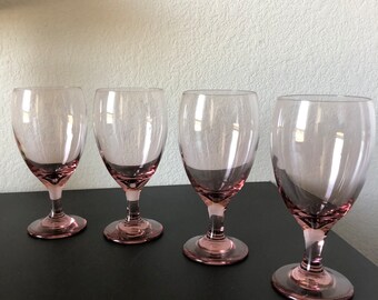 Vintage Set of Four Libbey Glass Pink Stemmed Water/Wine Goblets
