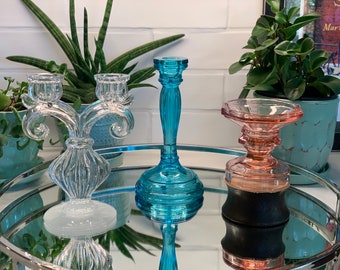 Mismatched Glass Candle Holders - L.E. Smith Pink - Indiana Glass Co. Aqua Blue - Vintage Clear Pressed Glass