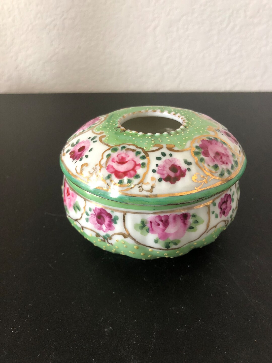 Vintage Hair Receiver 1910 Hand Painted Roses All Around on Green