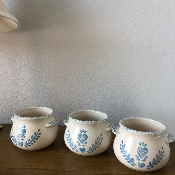 Vintage Stoneware Set of Three Blue and White Heart Design Soup Bowls