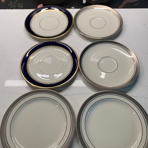 6 Mismatched Teacup Saucers in Silver, Gold and Navy Colors, Orphan Saucers, Cottagecore Wall Gallery, Plate Gallery, Wedding Saucers