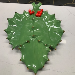 Vintage Green and Red Holly Berry Christmas Serving Dish - 12x10x1.75 inches, No Chips or Cracks