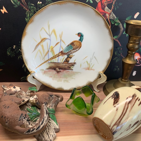 Woodsy Nature Lover Gift Set - Lefton Ring Necked Pheasant Wall Plate MCM Squirrel Horsehair Vase Brass Candlestick Handkerchief Dish
