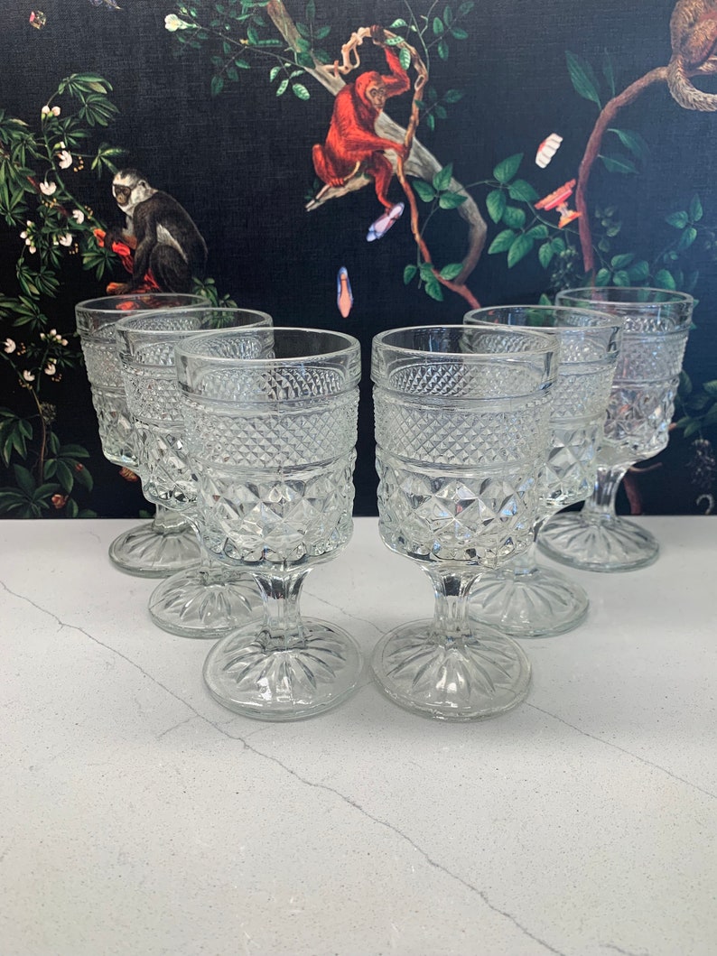 6 Anchor Hocking Wexford Wine Glasses Clear Pressed Glass Etsy