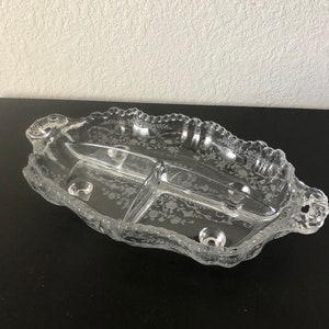 Cambridge Rose Point Etched Glass Divided Relish Dish With Handles