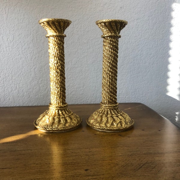 Pair Vintage Elegant Candlestick Holders Gold Rope Design for Taper Candles