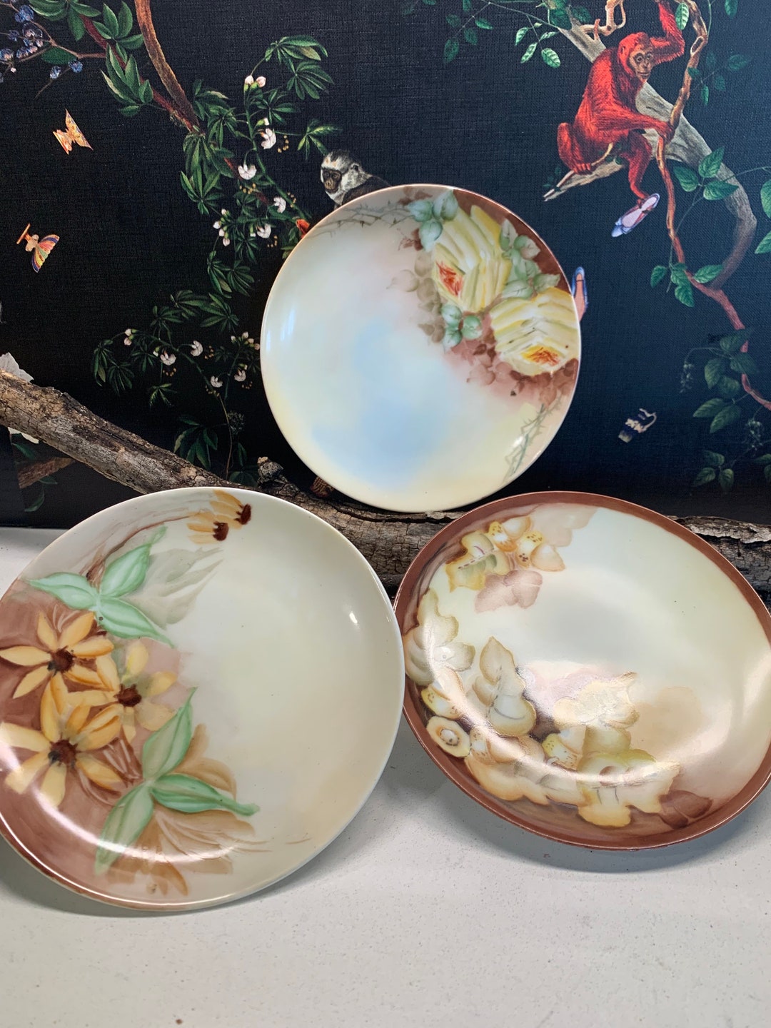 3 Small Cottagecore Hand Painted Wall Plates, Cream and Brown Floral ...