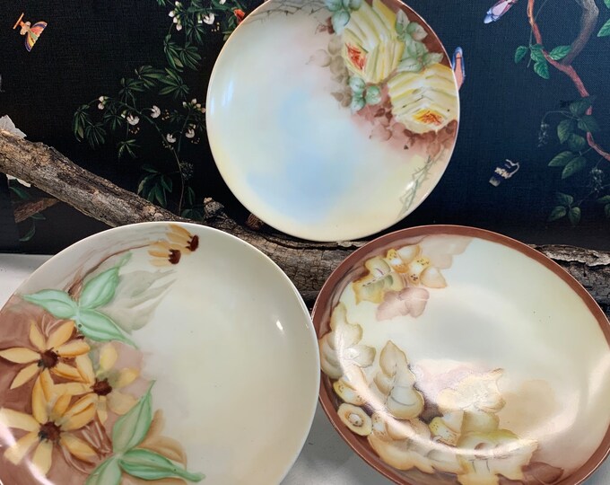 3 Small Cottagecore Hand Painted Wall Plates, Cream and Brown Floral ...