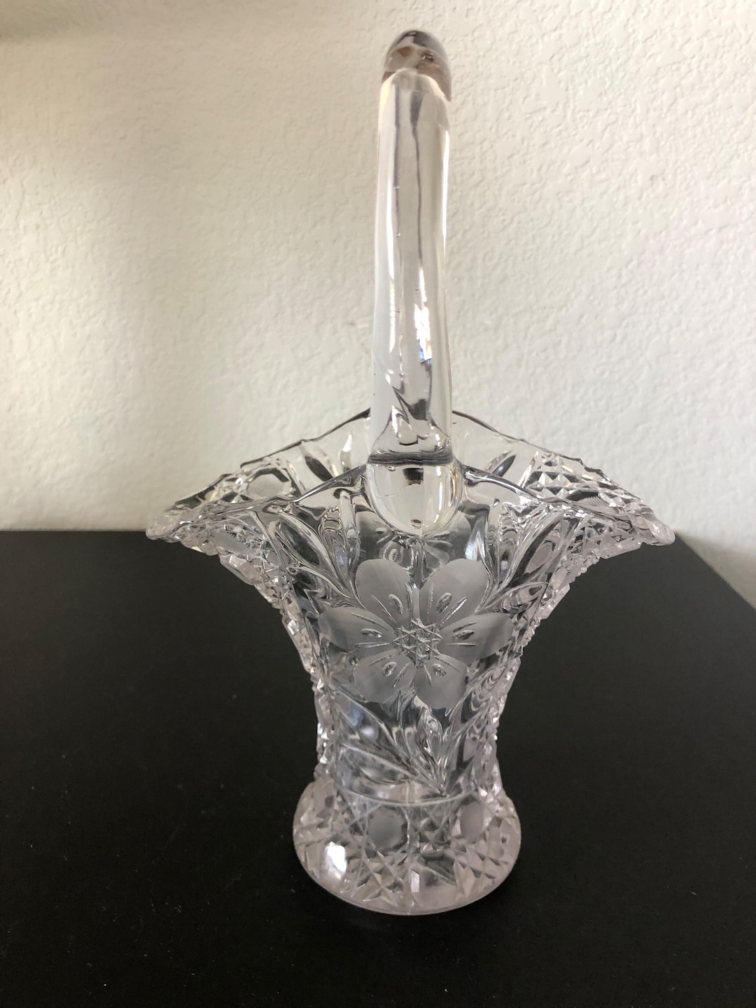 Vintage Glass Basket With Engraved Flowers Glass Flower Basket / Vase
