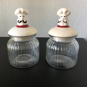 Two Vintage Kitchen Chef Glass Canister Jars