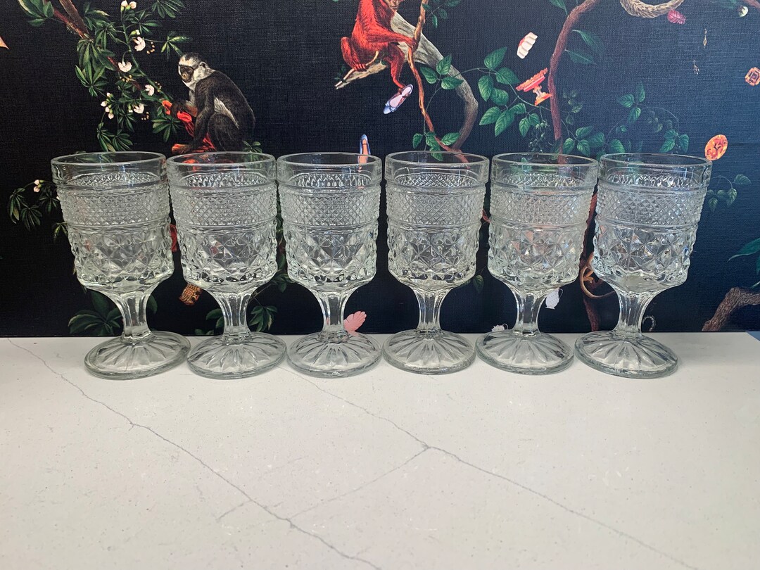 6 Anchor Hocking Wexford Wine Glasses Clear Pressed Glass Etsy