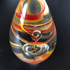 Vintage Hand Blown Art Glass Egg-Shaped Paper Weight Threaded Orange and Yellow
