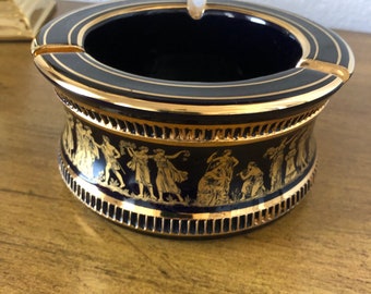 Vintage Cobalt Blue 24K Gold Porcelain Ashtray Handmade In Greece