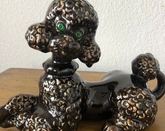 Vintage Green Eyed Atlantic Mold Ceramic Black Poodle Statue Dog Figurine
