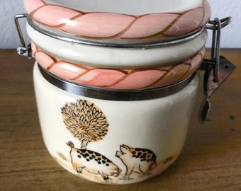 Small Ceramic Country Kitchen Canister Metal Closure Vintage