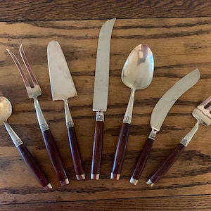 Vintage Mid-Century Modern Goldtone Serving Utensil Set - Bronze, Nickel, and Rosewood Handles - 7-Piece Elegant Entertaining Collection