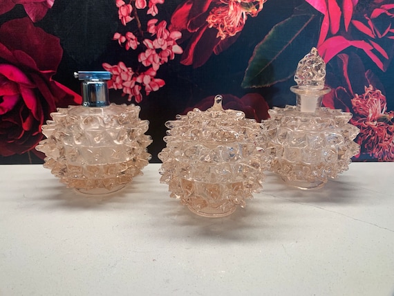 Matching Set of Vintage Pink Glass Powder Pot and Perfume 