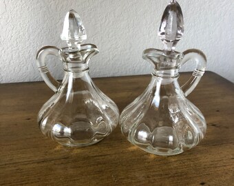Two Vintage Glass Curvy Cruet with Stopper for Portioned Oil and Vinegar