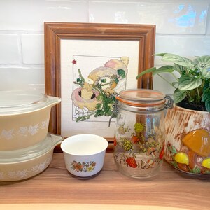 Vintage Cottagecore Kitchen Decor Set Pyrex Casserole, ARC France Canister, Corelle Sugar Bowl, Arnels Mushroom Planter, Needlepoint Art image 1