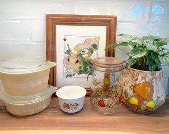 Vintage Cottagecore Kitchen Decor Set - Pyrex Casserole, ARC France Canister, Corelle Sugar Bowl, Arnels Mushroom Planter, Needlepoint Art