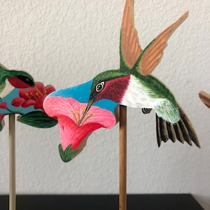 Wooden Set of Five Hand Made Hand Painted Hummingbirds