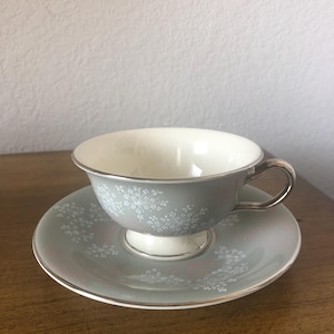 May include: A gray teacup and saucer set with a white floral pattern. The cup and saucer have a silver rim.