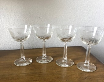 Four Vintage Etched Flower Cordial Dessert Glassware Crystal Fancy Stem