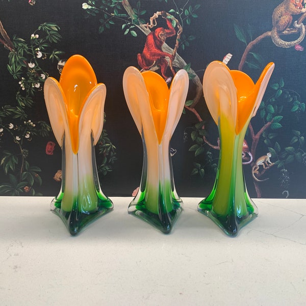 One Hand Blown Glass Vases in Orange, Green and White, Swung Vase Style Glasses, Vintage Art Glass Vases, 3 available