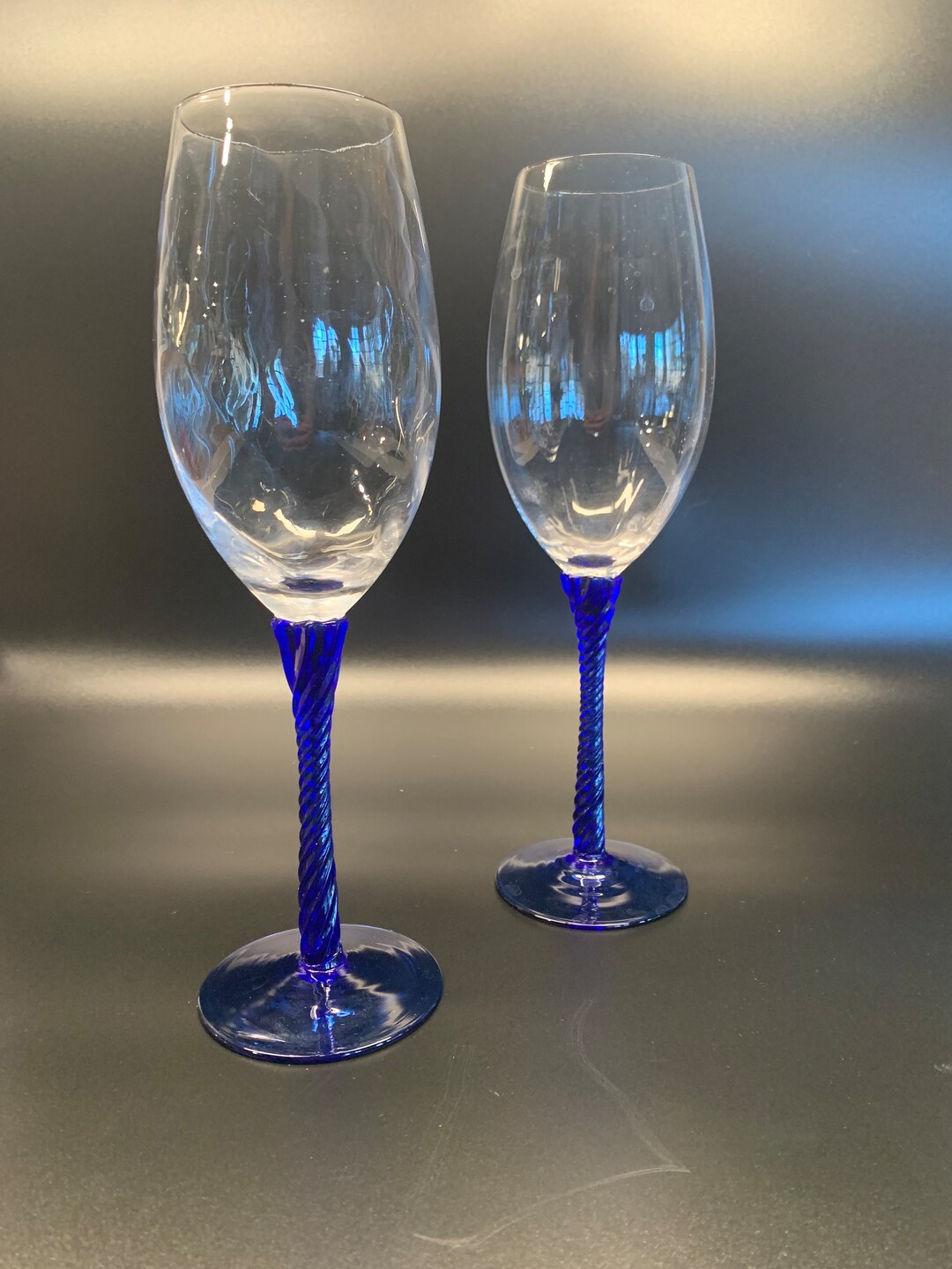 Tall Swirled Champagne Flutes With Cobalt Sapphire Blue Twisted Stems
