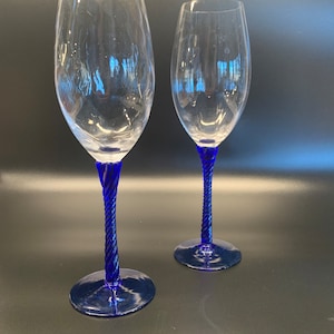 Tall Swirled Champagne Flutes with Cobalt - Sapphire Blue Twisted Stems - Hand Blown Champagne Flutes or Narrow Wine Glasses Romantic Gift