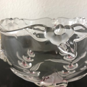 Vintage Mikasa Rosella Clear Serving Bowl with Pink Flowers and Frosted Leaves