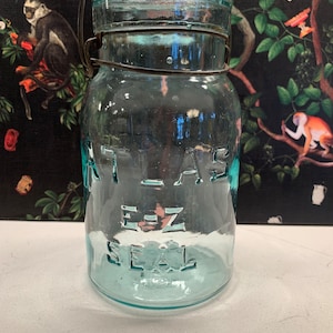 Antique Atlas E-Z Seal Blue Glass Mason Jar with Clear Wire Bail Lid - 7.625&quot; Tall, Vintage Canning Collectible, 1 Quart