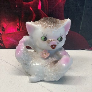 Cute and Kitschy Kitten - Anthropomorphic Cat - White Kitty With Flower - Small Grey Cat Figurine - Cat Statue - Kitten Figurine