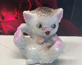Cute and Kitschy Kitten - Anthropomorphic Cat - White Kitty With Flower - Small Grey Cat Figurine - Cat Statue - Kitten Figurine