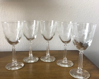 Vintage Fostoria Crystal Engraved Wine Glasses Set of Five