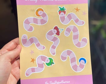 Fruchtiger Wurm Stickerbogen | Wasserfester Vinyl-Aufkleber | Kawaii Journal Aufkleber | Planer & Laptop Aufkleber