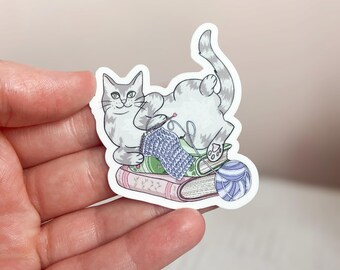 Knitting Grey Cat Waterproof Vinyl Sticker | Book Lover Gift | Cosy Crafter Laptop & Journal Decal