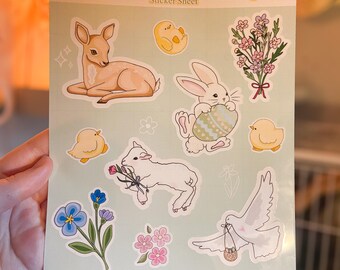 Spring Meadow Friends Waterproof Sticker Sheet | Easter Chick, Bunny & Lamb Planner Stickers | Cottagecore Animal