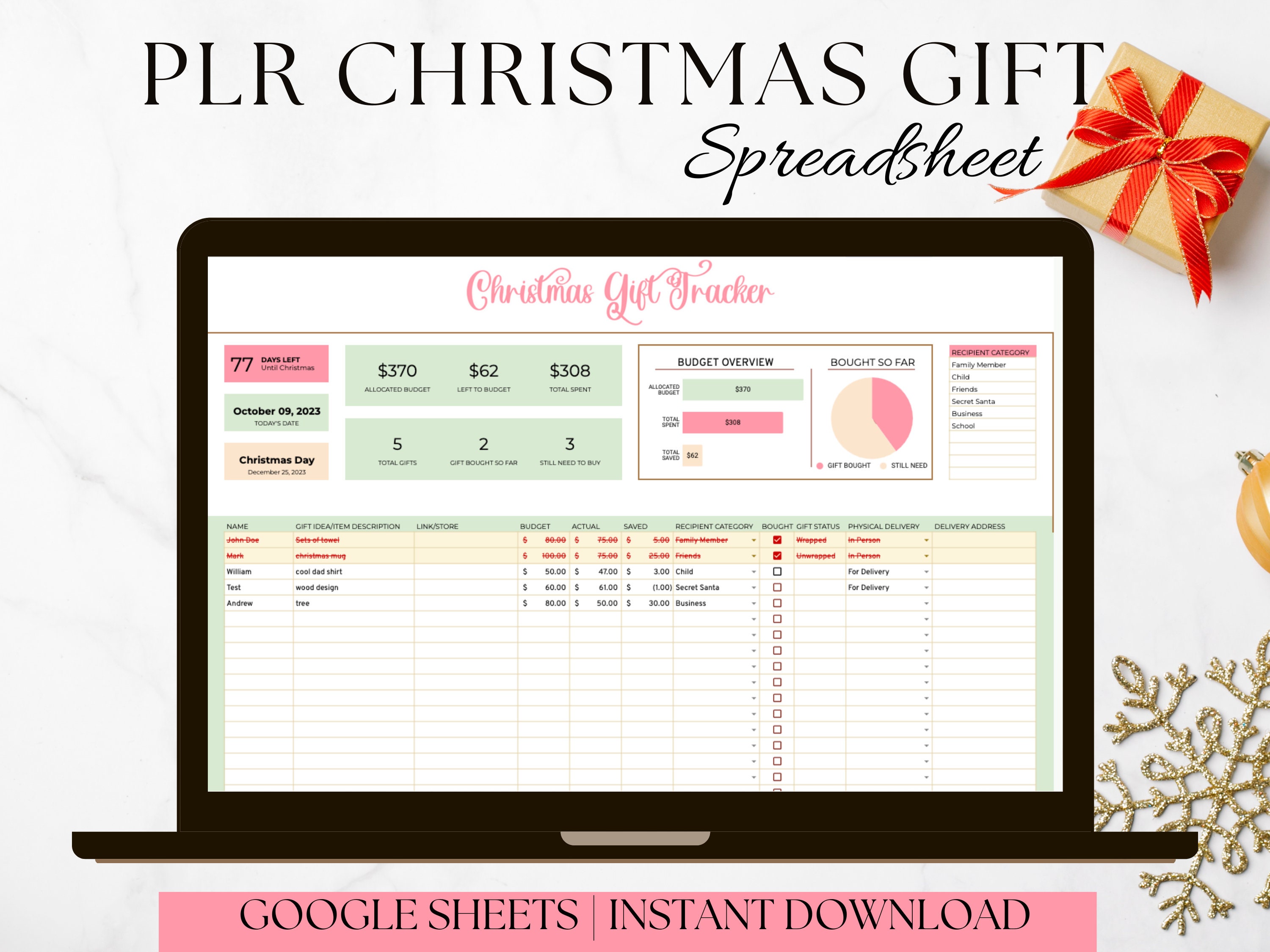 PLR Christmas Gift Tracker Google Sheet, Resell Rights Christmas Gift PLR Christmas Gift Tracker Google Sheet, Resell Rights Christmas Gift