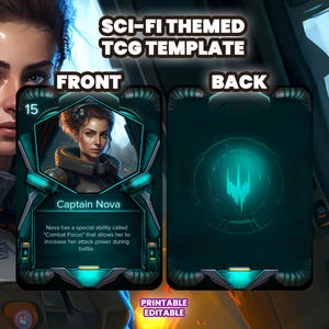 Könnte beinhalten: Eine Sci-Fi-Trading-Card-Game-Vorlage mit Vorder- und Rückseite. Die Vorderseite zeigt eine weibliche Figur mit kurzen, dunklen Haaren, die ein futuristisches Outfit trägt. Der Text auf der Vorderseite lautet "Captain Nova" und "Nova hat eine besondere Fähigkeit namens "Combat Focus", die es ihr ermöglicht, ihre Angriffskraft während des Kampfes zu erhöhen.". Die Rückseite zeigt einen dunkelblauen Hintergrund mit einem leuchtend blauen Symbol in der Mitte.