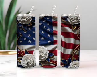 American Flag Flowers 20 oz Skinny Tumbler Sublimation Design Digital Download PNG Instant DIGITAL ONLY, Tumbler Wrap