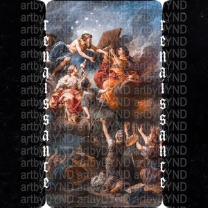 May include: A digital art print featuring a classical painting with figures in various poses, set against a cloudy sky. The artwork is framed by the words "Renaissance" and "artbyDYND" in a stylized font, with a black background.
