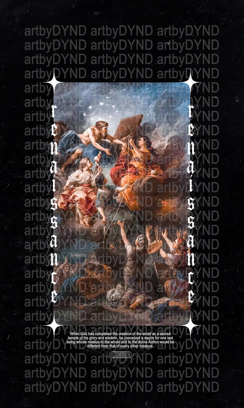 May include: A digital art print featuring a classical painting with figures in various poses, set against a cloudy sky. The artwork is framed by the words "Renaissance" and "artbyDYND" in a stylized font, with a black background.