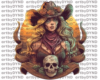 Cowgirl PNG, Plik Do Sublimacji, Western Skull Png, Western Cowgirl Png, Projekt Sublimacji, Pobieranie Cyfrowe